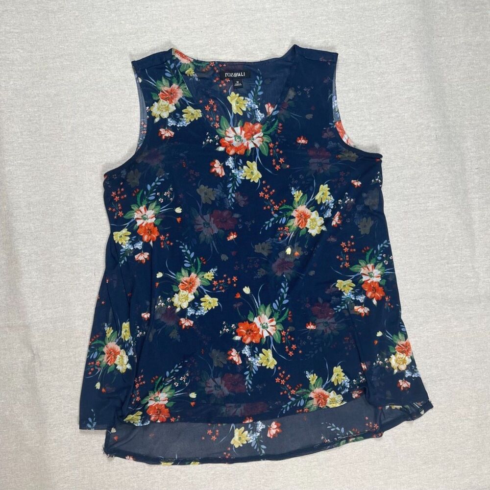 Roz & Ali | Top with Navy Floral Sleeveless Top with Mesh Layer | Medium